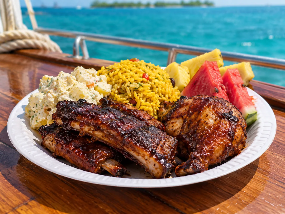 Un plato con costillas a la barbacoa, pollo, arroz amarillo, ensalada de papa y fruta en la cubierta de un barco