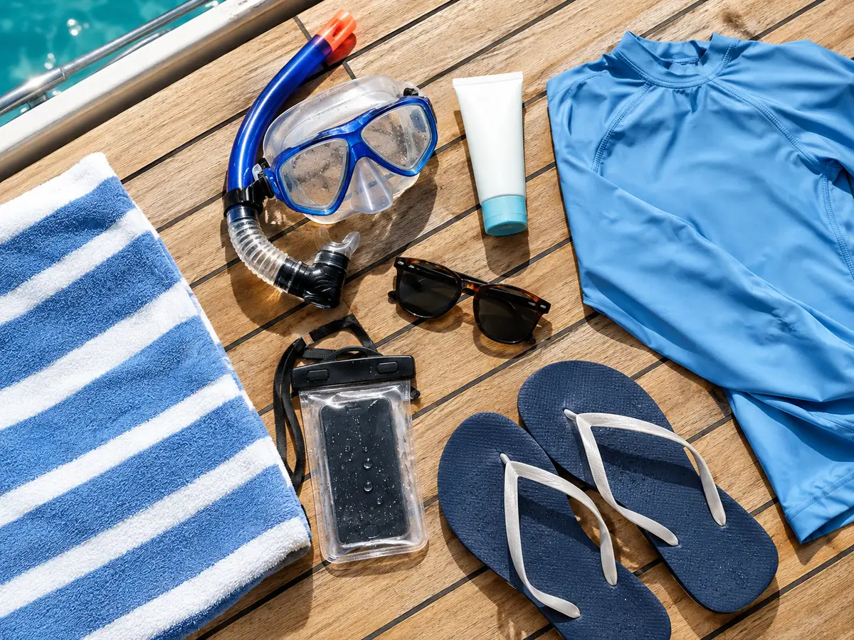 Máscara de snorkel, protector solar, toalla, camiseta de protección, gafas de sol, funda para el teléfono y chanclas en la cubierta
